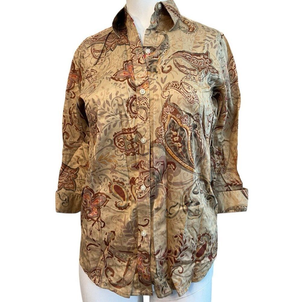Lauren Ralph Lauren XS Floral Paisley Polished Cotton Blouse Earth Tones Button